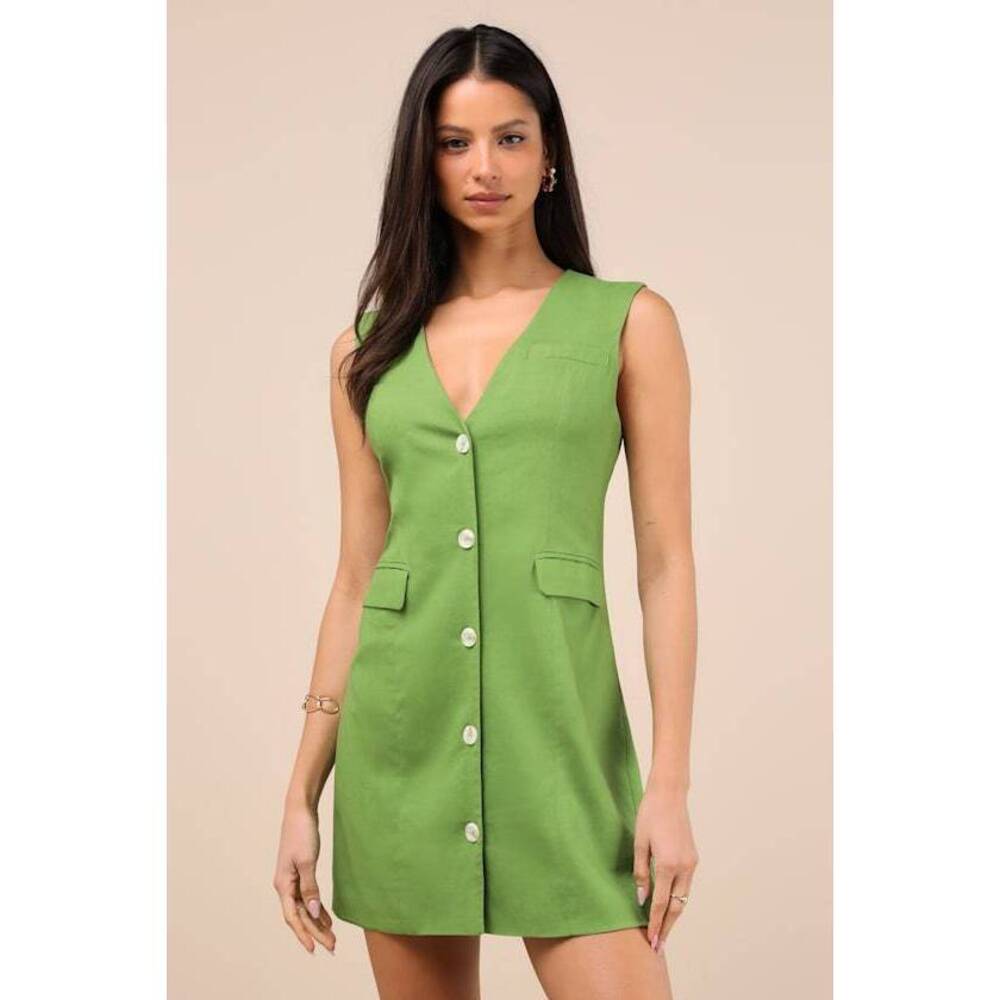 Lulus Mairi Green Linen Button-front Sleeveless Mini Dress - Size M